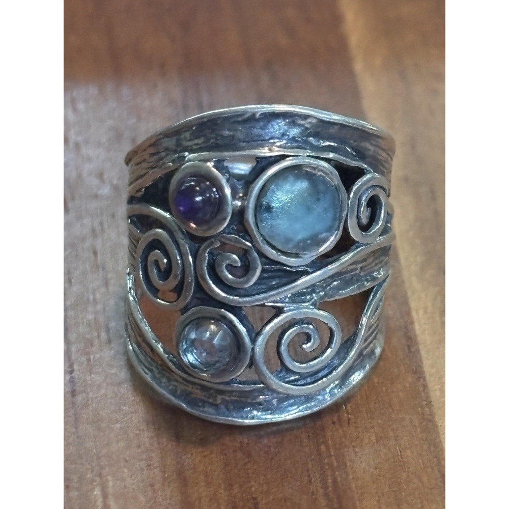 PZ Israel 925 Sterling Silver Scroll Size 8 Roman Glass Amethyst Blue Topaz Ring